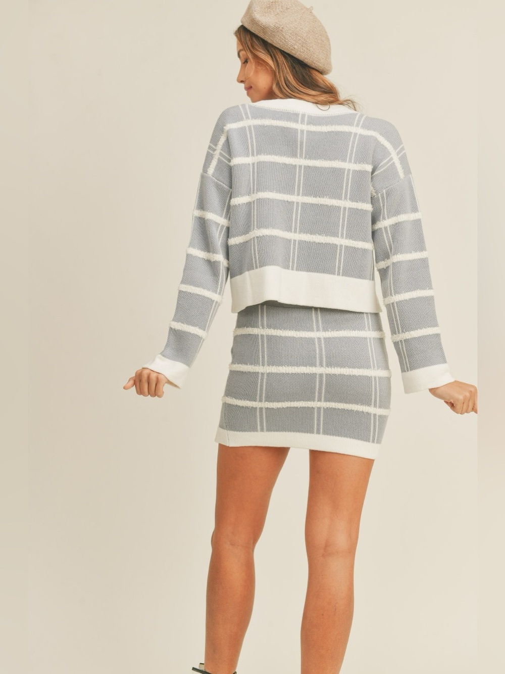 MABLE Plaid Button Down Sweater Cardigan and Mini Skirt Set - Picture 2 of 5